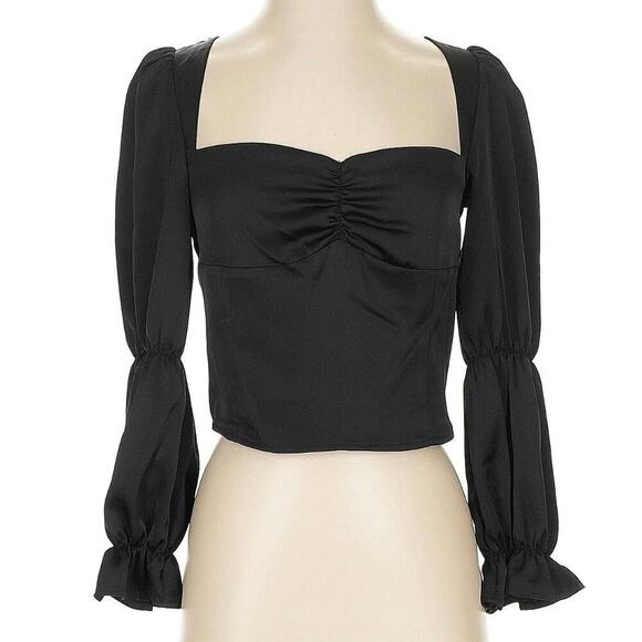 NWT Kourt Puff Sleeve Ruffle Top - Linen Cotton Blend - Sweetheart - Black - M - Picture 1 of 7